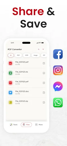 Share and Save feature displaying files list with social media sharing options for Facebook, Instagram, Messenger, WhatsApp