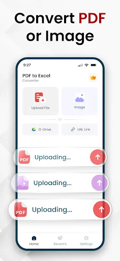 Convert PDF or Image screen with file upload options, Google Drive integration, and multiple file upload cards showing upload progress