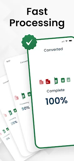 Fast processing feature displaying conversion progress with completion status, file type icons, and 100% completion indicator