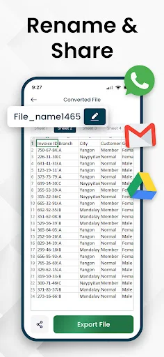 Rename and share converted files with filename editing, spreadsheet data display, and social sharing options for WhatsApp, Mail, and Drive