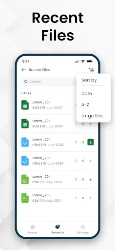 Recent files list screen showing previously converted XLSX, CSV, and HTML documents with dates, sorting options, and file management features