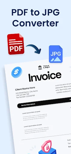 PDF to JPG Converter app home screen with PDF and JPEG conversion icons and invoice document example