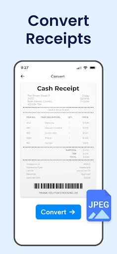 Convert Receipts feature showing cash receipt PDF and JPEG conversion button in mobile interface