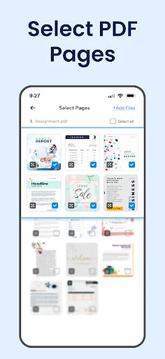 Select PDF Pages screen with grid of PDF files and checkboxes to choose pages for conversion
