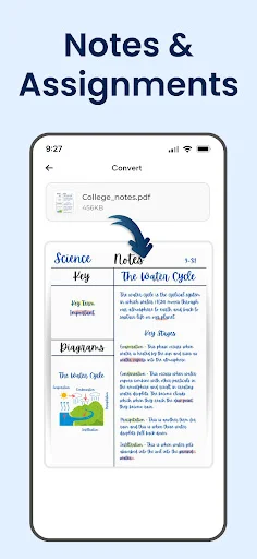 Notes and Assignments PDF conversion displaying college notes file with document preview
