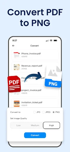 Convert PDF to PNG screen showing PDF list with JPG, JPEG, PNG format options and quality adjustment