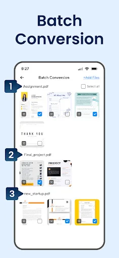 Batch Conversion feature demonstrating multi-step process to select and convert multiple PDF files