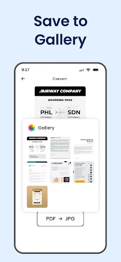 Save to Gallery screen showing converted PDF to JPG images ready to save to device storage