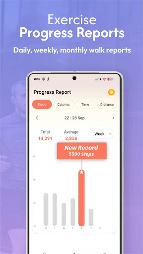 Exercise progress report with daily, weekly step statistics, bar chart visualization, and personal best tracking