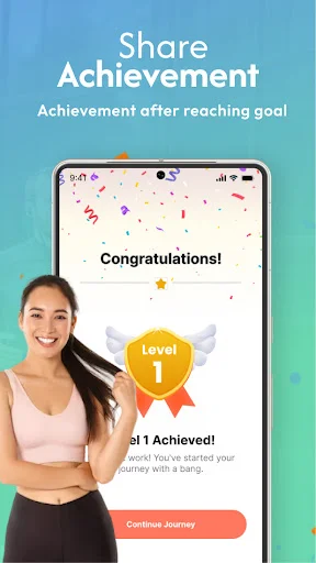 Achievement celebration screen showing Level 1 completion with option to continue fitness journey