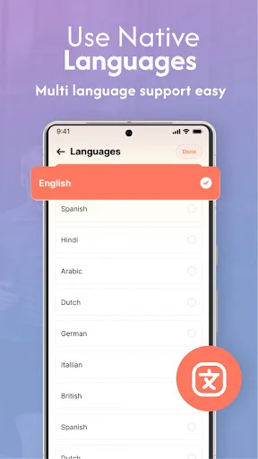 Multi-language settings screen displaying language selection with English, Spanish, Hindi, Arabic and more