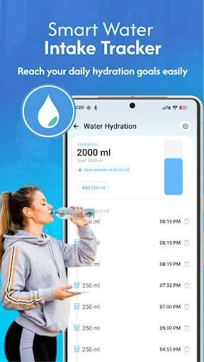 Water intake tracker with 2000ml daily hydration goal, water bottle visual, and timestamped consumption log