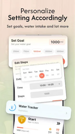 Customizable settings screen for personalizing daily step goals, water intake targets, time preferences, and fitness tracking options