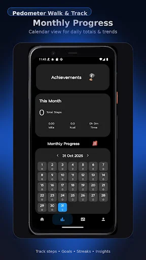 Monthly progress calendar view displaying total steps, distance, calories achieved for October 2025 with achievements and streak tracking