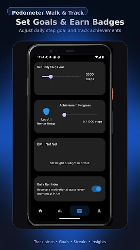 Goal setting screen with daily step targets, achievement badges progress, BMI tracking, and motivational reminder settings
