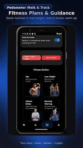 Fitness plans and guidance screen featuring workout routines for abs, weight loss, stress reduction, and morning exercises