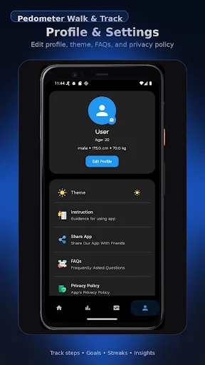 User profile and settings with personal info, profile editing, theme customization, FAQs, and privacy policy options