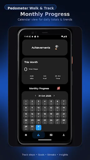 Monthly progress calendar displaying achievements, daily step totals, distance, and calorie burn statistics by date