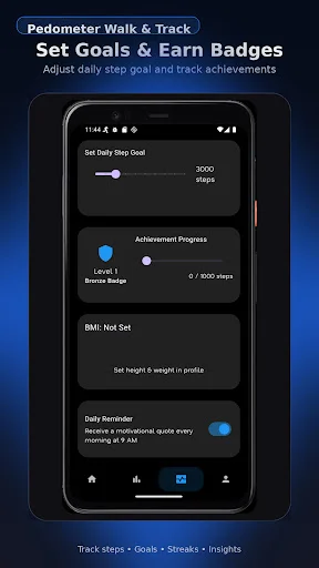 Goal setting screen with daily step target slider at 3000 steps, achievement level progress tracker, BMI configuration, and reminder toggle