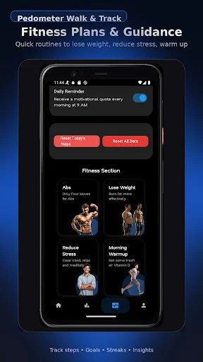 Fitness guidance section offering 7-day and 21-day workout plans including Abs, Weight Loss, Stress Relief, and Morning Workout routines