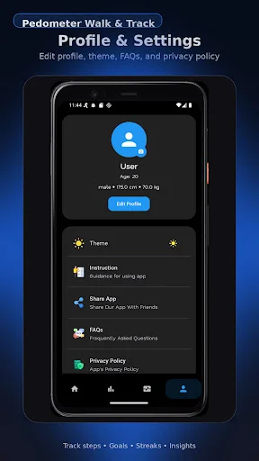User profile settings page showing personal metrics, Edit Profile button, theme selector, app sharing, FAQs, and privacy policy options