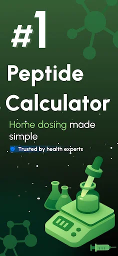 Peptide Calculator app intro screen showing home dosing made simple, trusted by health experts, with green peptide vial illustrations