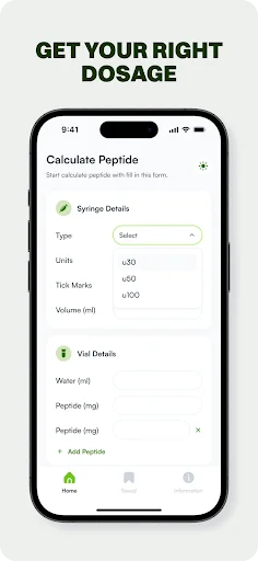 Peptide Calculator interface for calculating dosages with syringe details, vial details, units input, and add peptide button functionality