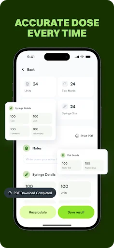 Peptide Calculator results screen displaying accurate dose calculations with 24 units, options to recalculate, save result, and download PDF