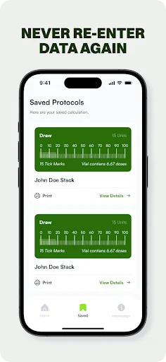 Saved Protocols screen in Peptide Calculator showing previously saved dosing protocols with measurement details, print, and view details options