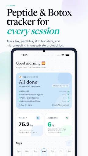 Peptide and botox tracker dashboard showing all completed protocols with weight and insights metrics for skin treatment sessions
