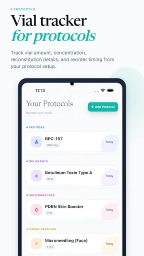 Protocol vial tracker listing peptides, fillers, skin boosters, and microneedling treatments with add protocol button
