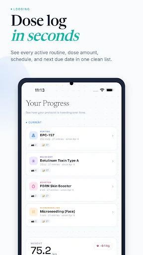 Dose log displaying active routines with dose amounts, weight tracking, and session progress overview