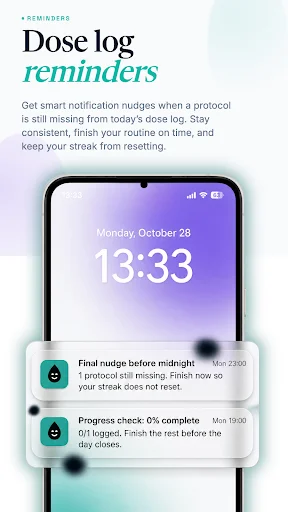 Dose log reminders showing push notifications for missing protocols and progress check updates on lock screen