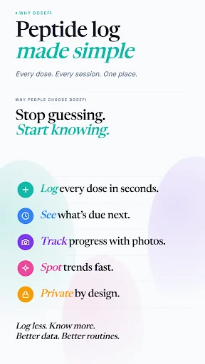 Dosefi skin treatment app onboarding screen highlighting key features for logging doses and tracking peptide progress
