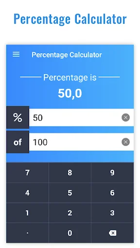 Percentage Calculator interface with 50.0 percent result, input fields for percentage and value, numeric keypad included