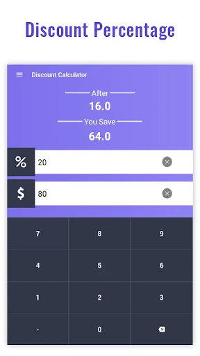 Discount Calculator showing 16.0 final price, 64.0 savings with discount percent and original price input fields