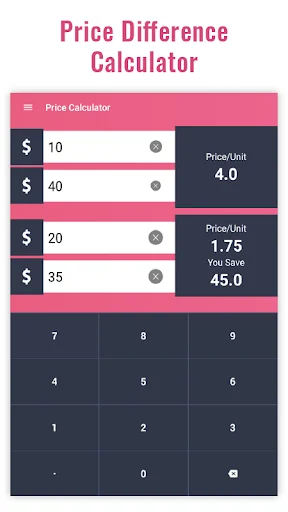 Price Difference Calculator with four price inputs calculating price per unit differences and cost variations