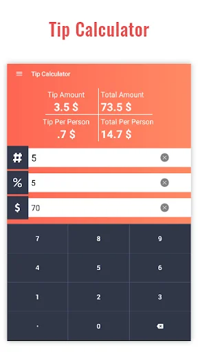 Tip Calculator displaying 3.5 dollar tip and 73.5 dollar total with tip percentage and bill amount input fields