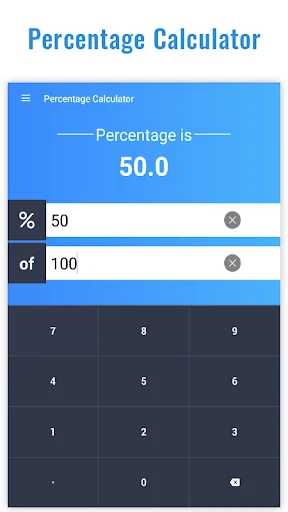 Percentage Calculator interface showing 50.0 percent result with percentage and value input fields, numeric keypad