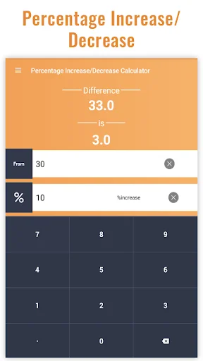Percentage Increase/Decrease Calculator with 33.0 difference and 3.0 percent change with base and percent inputs