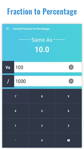 Fraction to Percentage conversion showing 10.0 percent equivalent with numerator and denominator input fields