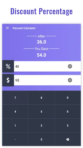 Discount Calculator showing 36.0 final price and 54.0 savings with discount percentage and original price inputs