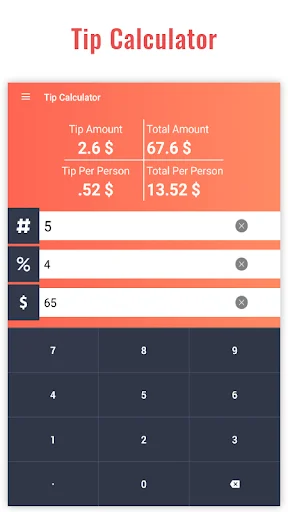 Tip Calculator showing 2.6 dollar tip and 67.6 dollar total with tip percentage and bill amount input fields