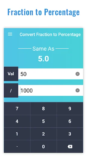 Convert Fraction to Percentage showing 5.0 percent result with numerator and denominator input fields for calculation