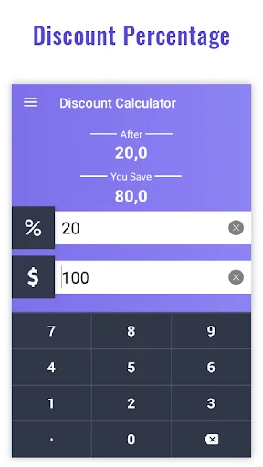 Discount Calculator showing 20.0 percent off, 80.0 amount saved with discount percentage and original price input fields