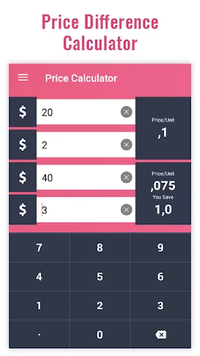 Price Difference Calculator with four price input fields displaying price per unit calculations and differences