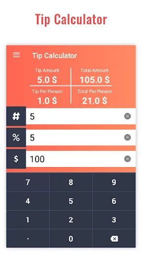 Tip Calculator showing 5.0 dollar tip amount and 105.0 dollar total with tip percentage and bill amount inputs