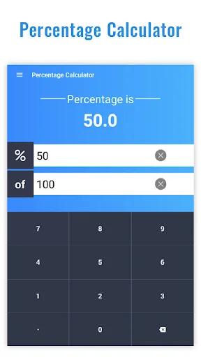 Percentage Calculator tool displaying 50.0 percent result with input fields for percent and value, numeric keypad