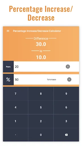 Percentage Increase/Decrease Calculator with 30.0 difference and 10.0 percent change showing calculation results