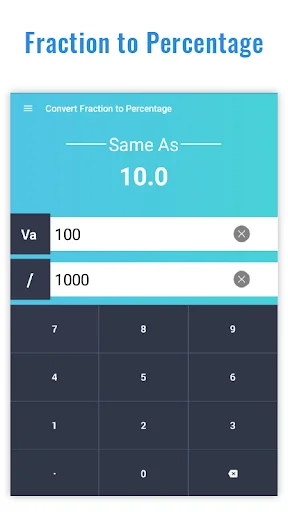 Fraction to Percentage conversion calculator displaying 10.0 percent equivalent with numerator and denominator inputs